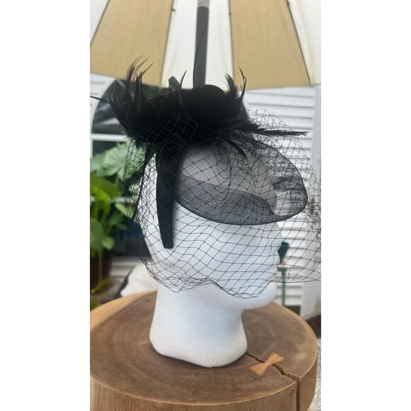 Halloween Black Feathered Fascinator Hat With Mesh Veil & Velvet Pumpkin Design - Picture 6 of 7